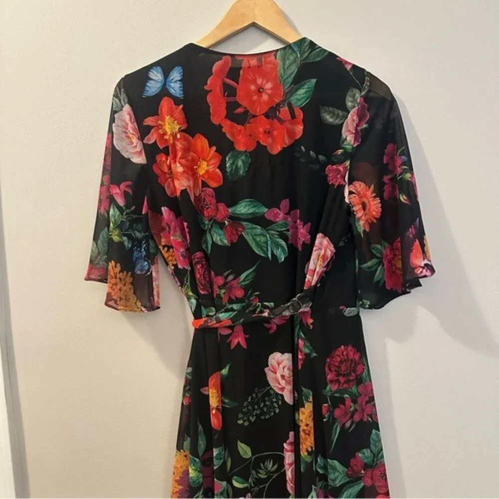 Joseph Ribkoff Floral Wrap Midi Dress Black Multicolor Size 8 Elegant Chic